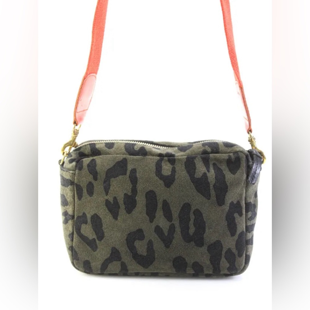 Clare V Womens Suede Animal Print Crossbody Shoulder Handbag Green Black orange